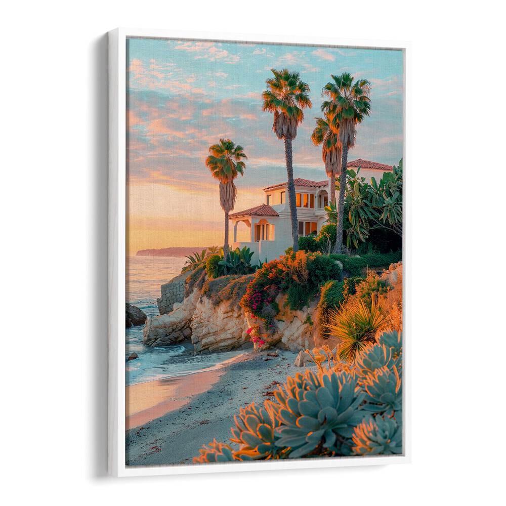 LAGUNA SUNSET, BEACH PAINTINGS showcase vibrant coastal scenes with palm trees and serene ocean views by Philippe Hugonnard.