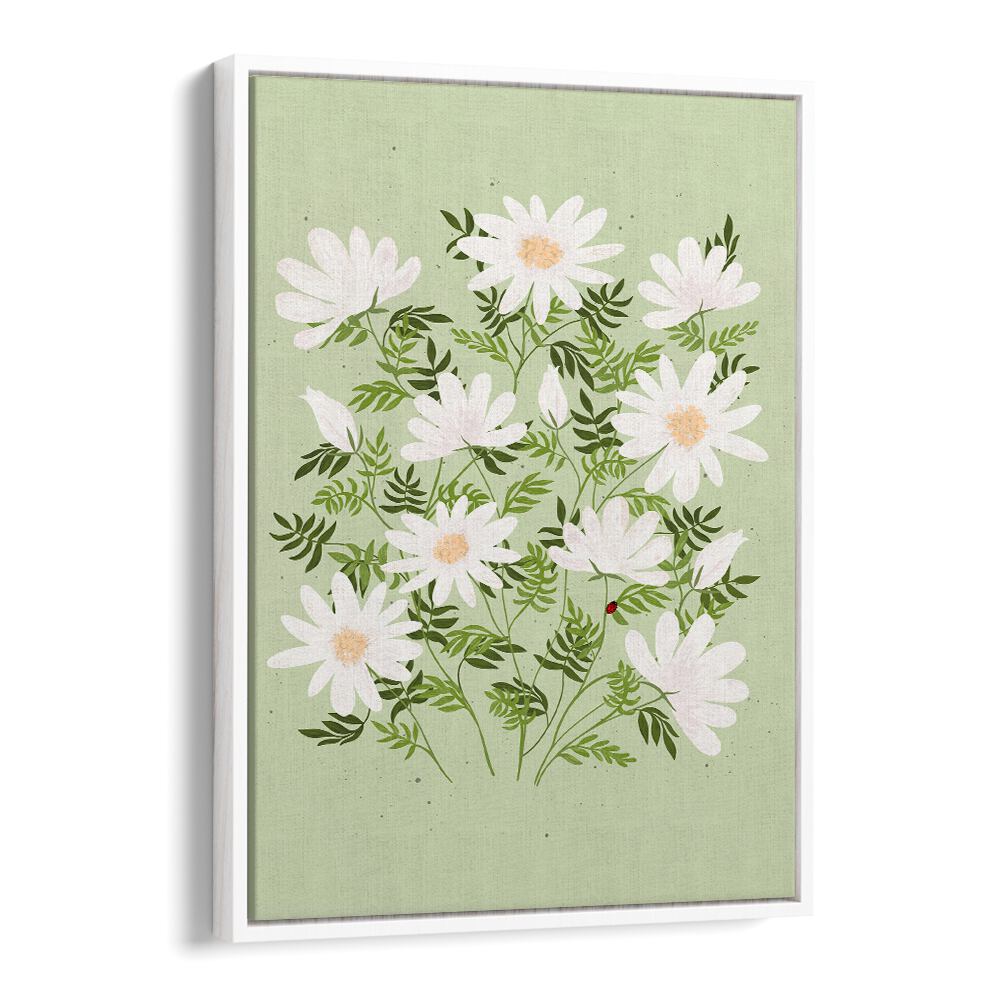 Delicate LADYBUG FLOWERS, FLORAL FLOWER PAINTINGS bring a fresh touch to your decor with vibrant daisies on a soft green background.