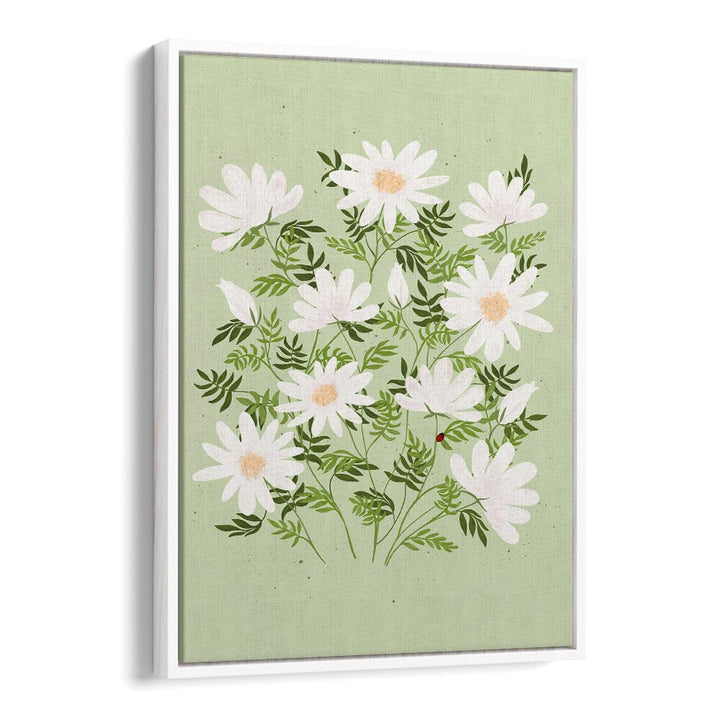 Delicate LADYBUG FLOWERS, FLORAL FLOWER PAINTINGS bring a fresh touch to your decor with vibrant daisies on a soft green background.