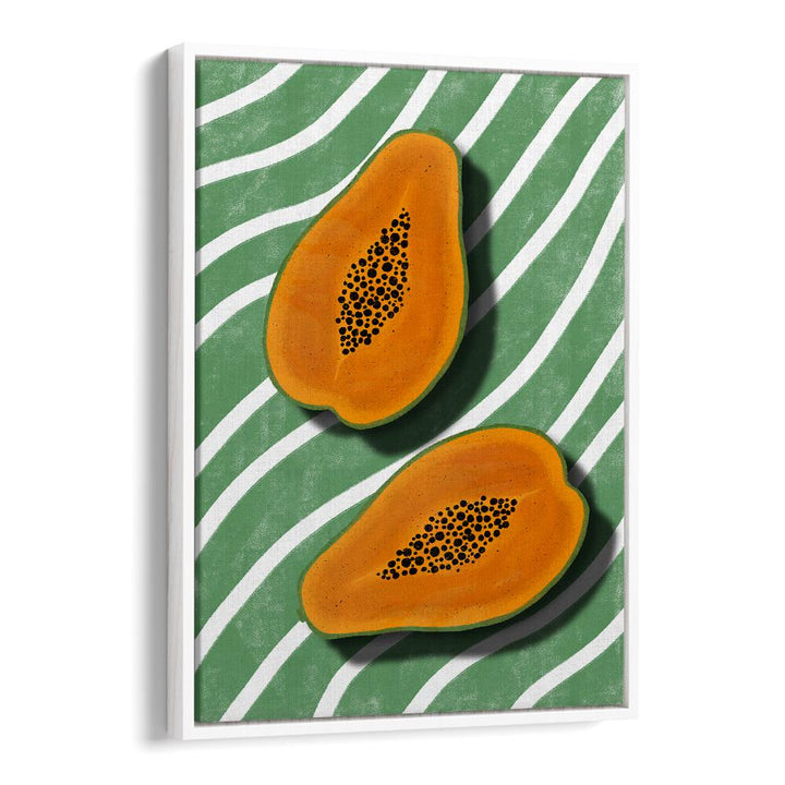 Vibrant PAPAYAS, KITCHEN POSTERS featuring sliced papayas on a green striped background for stylish kitchen decor.