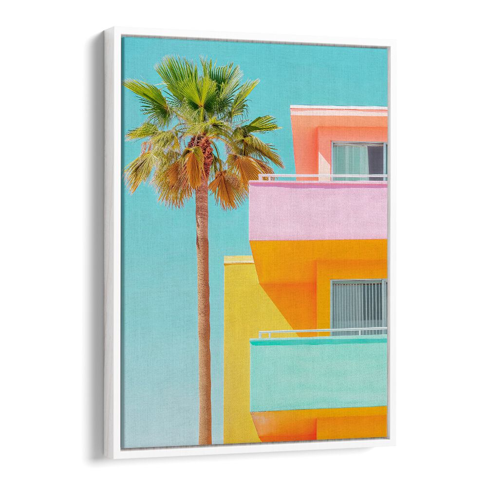 Vibrant pastel architecture and palm trees in the PASTEL VENICE, BEACH PAINTINGS collection by Philippe Hugonnard.