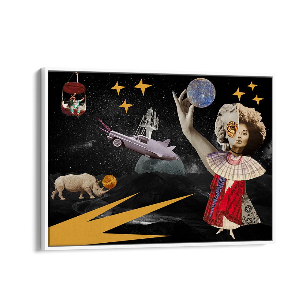 Vibrant LUNA, SURREAL ART PRINTS featuring whimsical elements and cosmic scenery, perfect for modern decor.