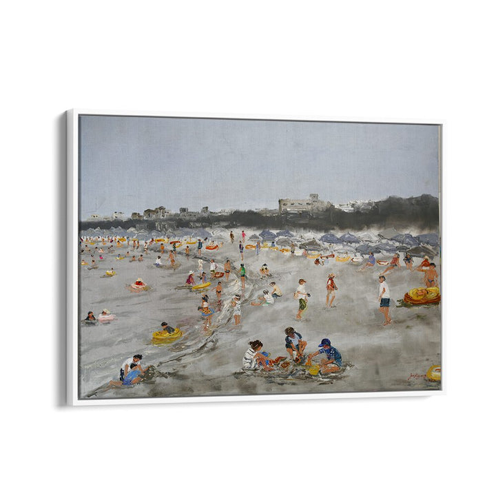 Colorful BEACH STORY, BEACH PAINTINGS featuring a lively beach scene with families enjoying the sun and sand.