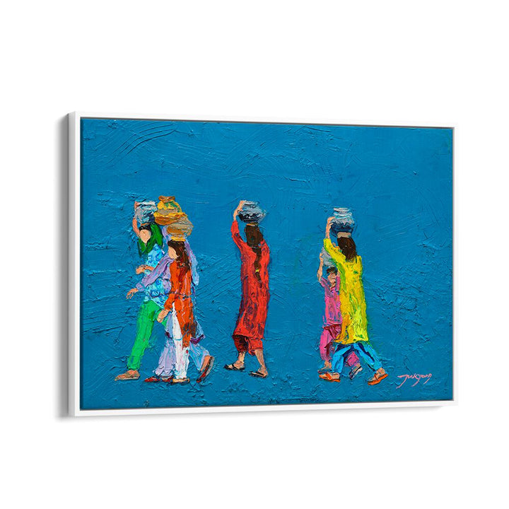 Vibrant WOMEN WITH BASKETS, INDIAN ART PAINTINGS showcasing cultural beauty and craftsmanship in colorful attire.