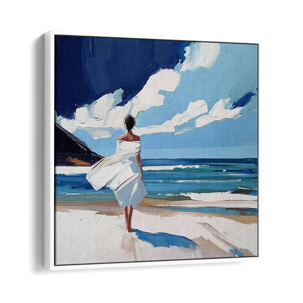 Serene artwork featuring a WOMAN WALKING ON THE BEACH, perfect for bringing a coastal vibe to any space.