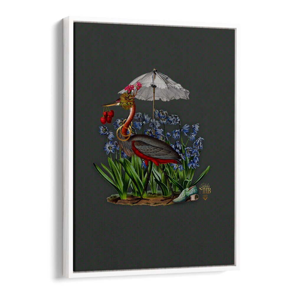Whimsical ENCHANTED FOREST II, ANIMAL PAINTINGS features a heron under an umbrella surrounded by vibrant flowers.