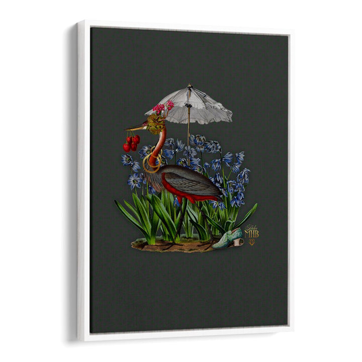Whimsical ENCHANTED FOREST II, ANIMAL PAINTINGS features a heron under an umbrella surrounded by vibrant flowers.
