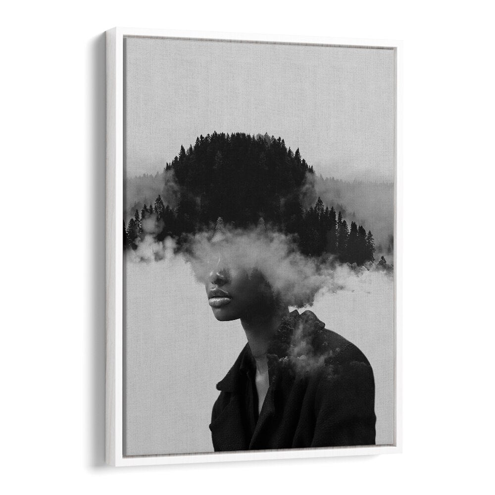 FOGGY THOUGHTS, SURREAL ART PRINTS showcase a contemplative figure shrouded in misty landscapes, perfect for mental clarity.