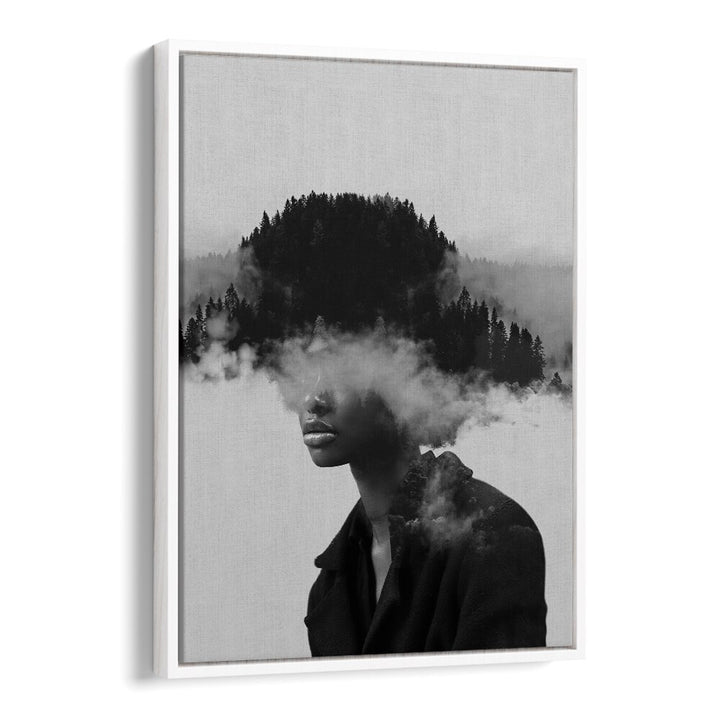 FOGGY THOUGHTS, SURREAL ART PRINTS showcase a contemplative figure shrouded in misty landscapes, perfect for mental clarity.