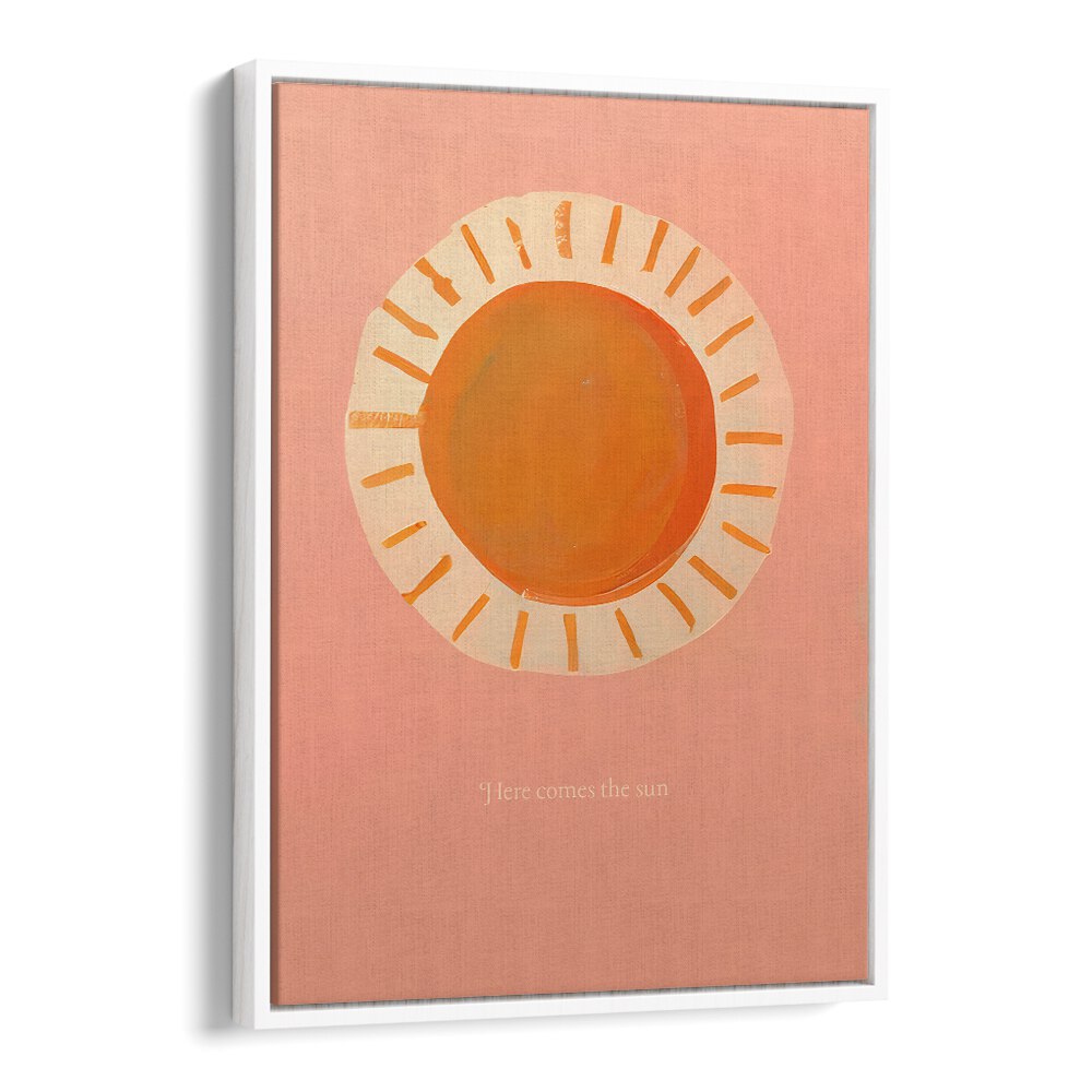HERE COMES THE SUN , KIDS ROOM PAINTINGS featuring a bright orange sun on soft pink background for joyful kids’ decor