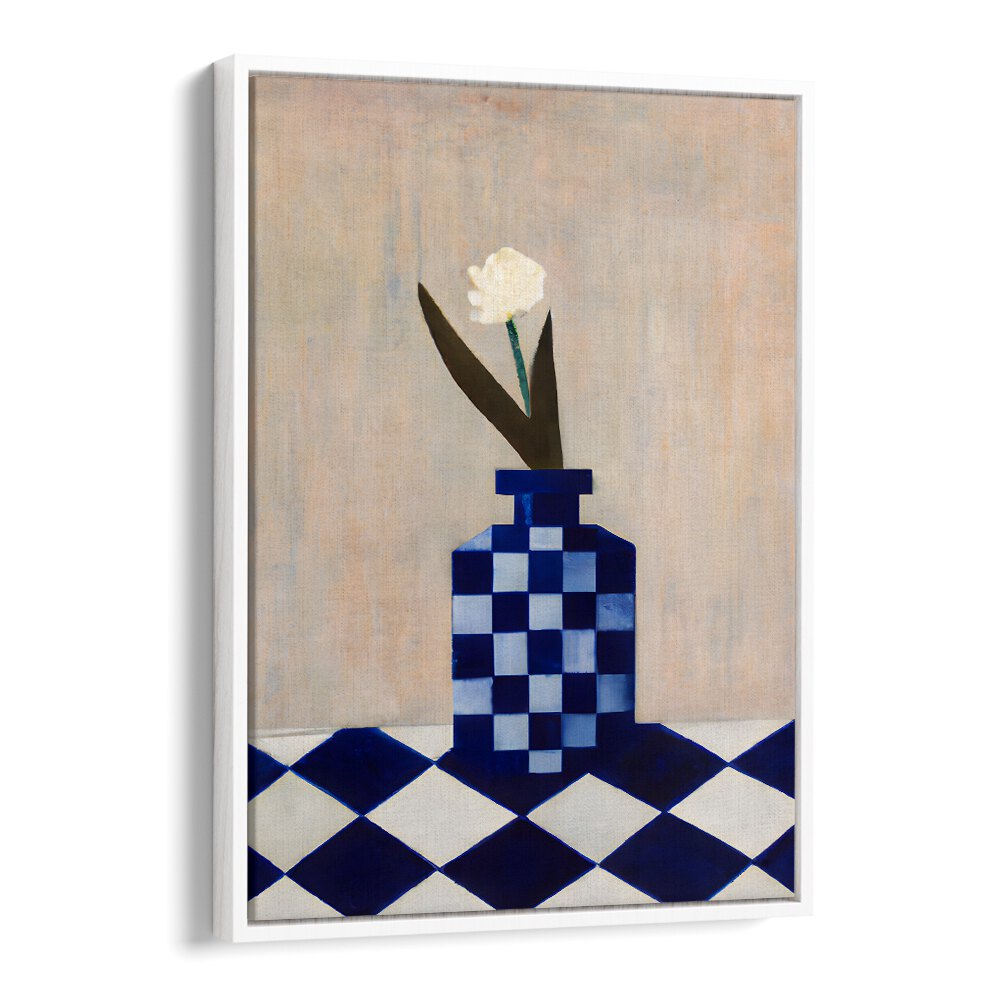 CHECK THE VASE , KITCHEN POSTERS featuring a blue checkered vase with a white flower on a matching table design.