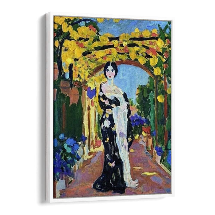 Vibrant artwork titled WOMAN IN A GARDEN, showcasing a graceful woman amid blooming flowers and serene pathways.