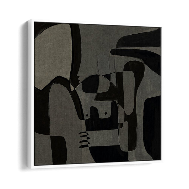 Abstract artwork titled "UNFOLDING I, ABSTRACT PAINTINGS" featuring bold shapes and a dark palette. Perfect for modern decor.
