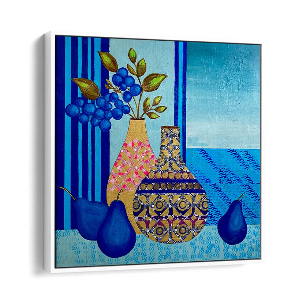 Brighten your space with BLUE MORNING, KITCHEN POSTERS featuring elegant vases and vibrant fruits in stunning blue hues.