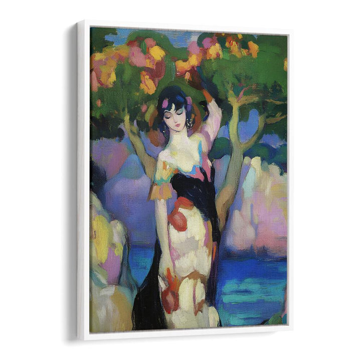 WOMAN BY THE SEA II showcases a graceful figure amidst vibrant coastal colors, perfect for art lovers.