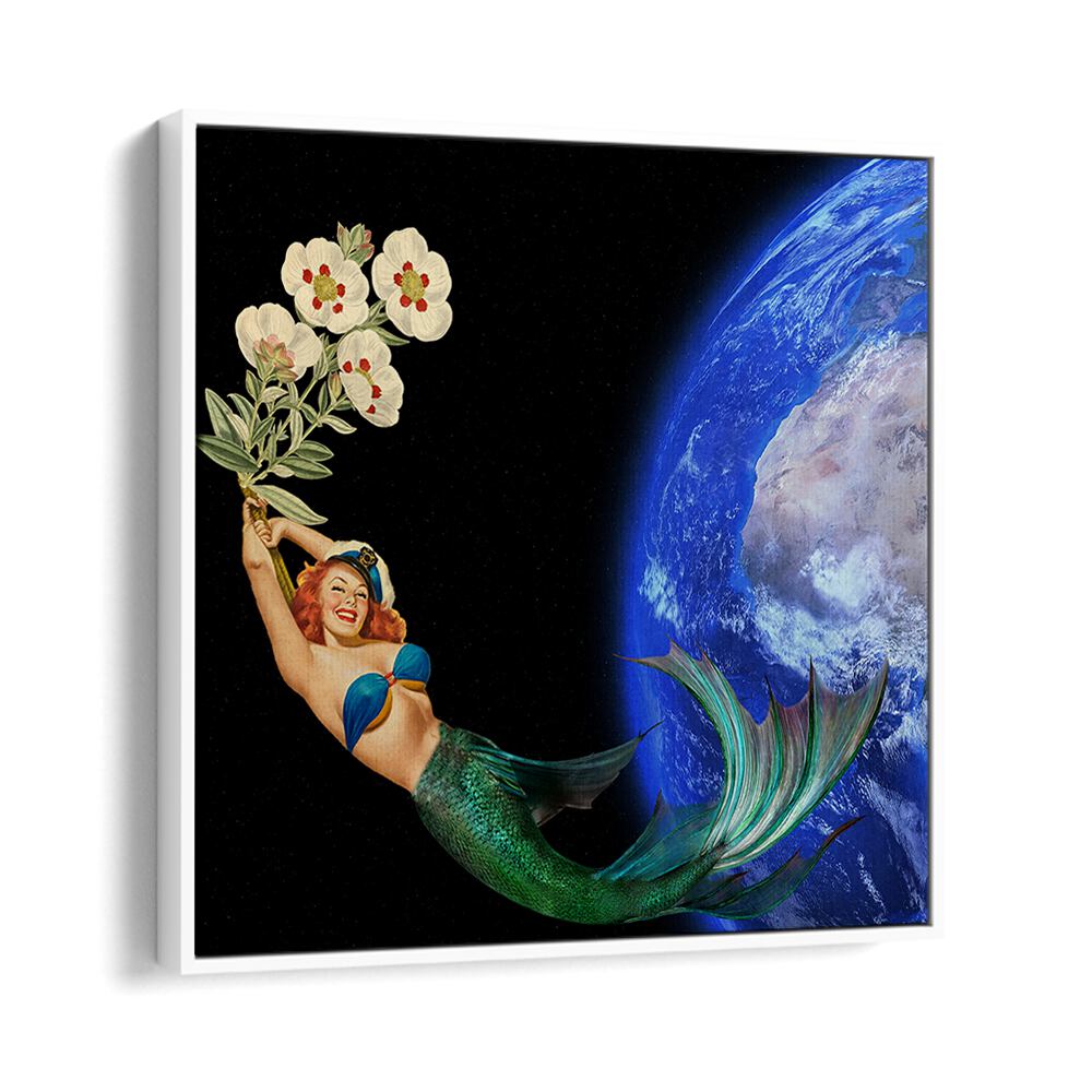 A vibrant mermaid holding flowers swims through space, embodying the essence of SWIMMING AWAY, SURREAL ART PRINTS.