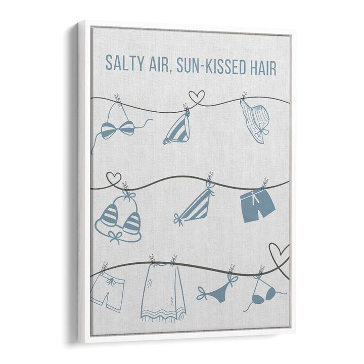 Charming SALTY AIR - CLOTHESLINE, BEACH PAINTINGS showcasing beachwear, perfect for coastal-themed decor.