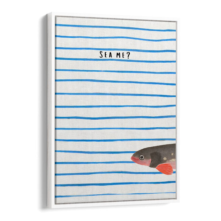 SEA ME , BEACH PAINTINGS featuring blue stripes and a fish on white canvas, adding coastal charm from Whitefloater.
