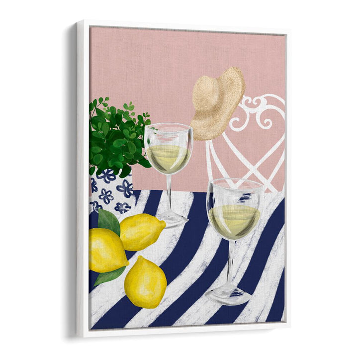 Charming café art featuring WHITE WINE FOR TWO, BAR with lemons and greenery, perfect for stylish decor.