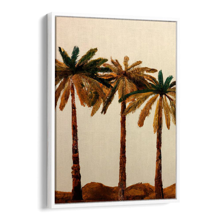 PALM TRIO , BEACH PAINTINGS featuring three textured palm trees on a neutral background for coastal living decor.
