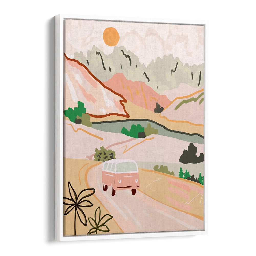 Vibrant scene from PASTEL JOURNEY, LANDSCAPE PAINTINGS, featuring a pink van on a serene pastel-colored road.
