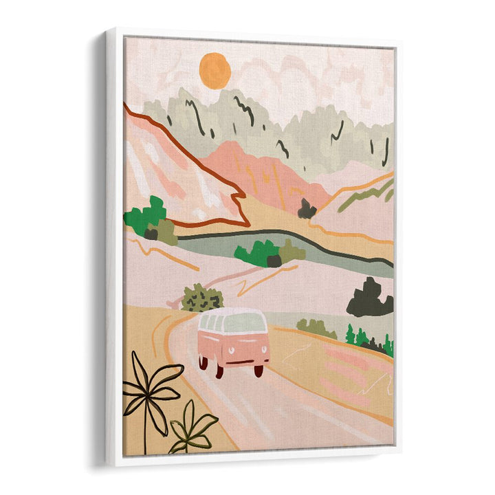 Vibrant scene from PASTEL JOURNEY, LANDSCAPE PAINTINGS, featuring a pink van on a serene pastel-colored road.