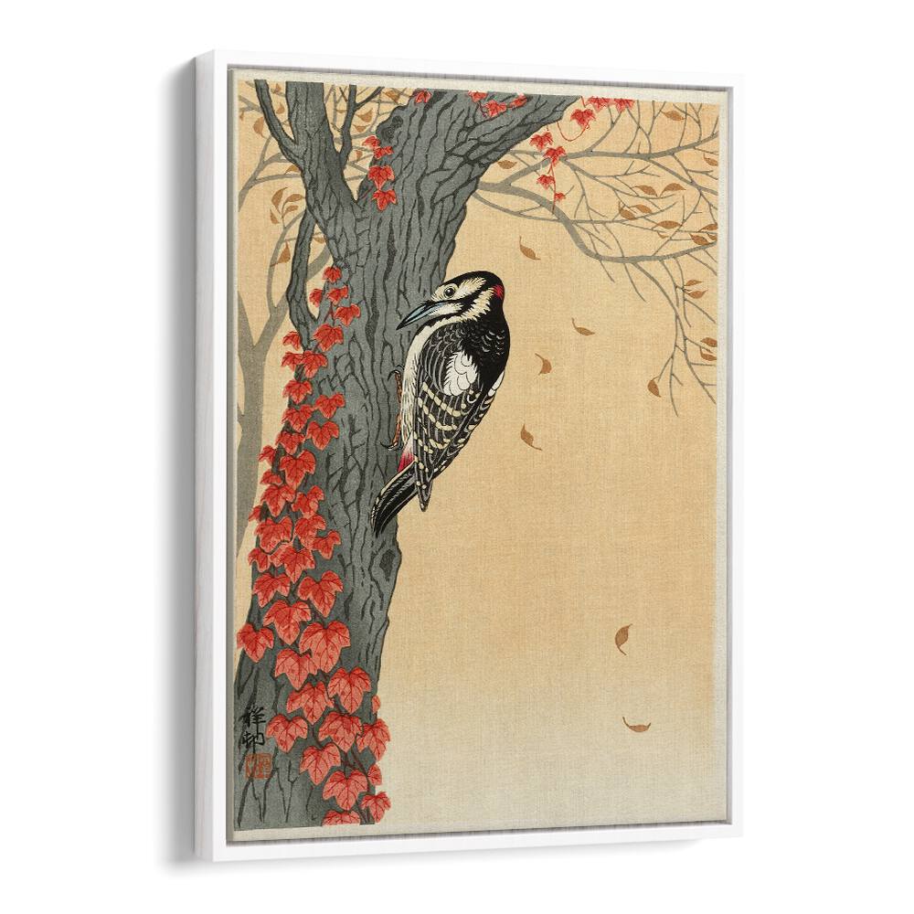 GREAT SPOTTED WOODPECKER IN TREE WITH RED IVY (1925 - 1936) , JAPANESE PAINTINGS , JAPANESE ART PRINTS