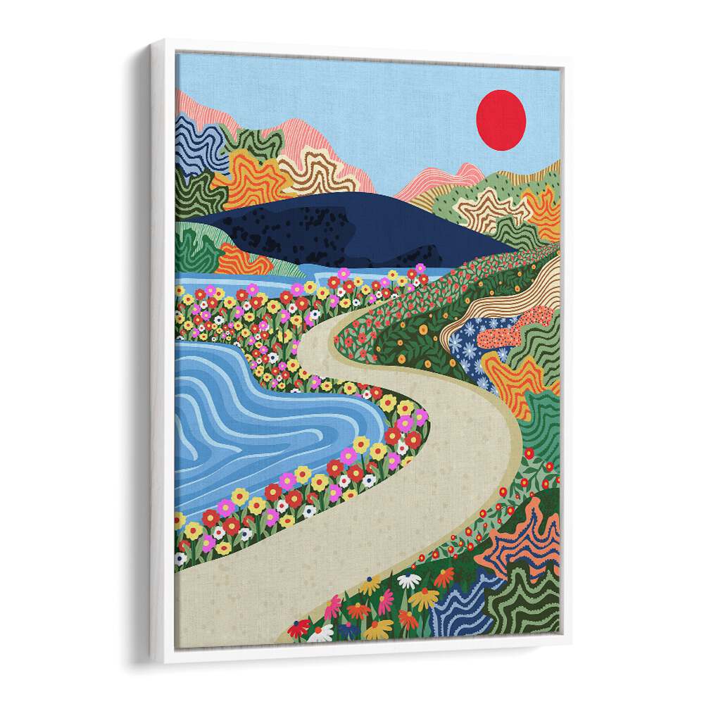 Colorful SOOTHING HORIZON, LANDSCAPE PAINTINGS featuring a winding path, vibrant flowers, and a serene sunset.