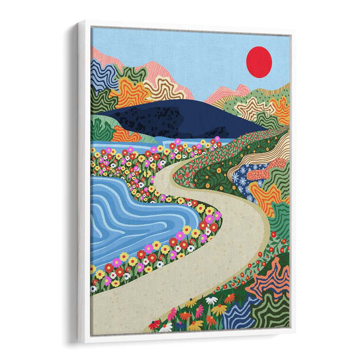 Colorful SOOTHING HORIZON, LANDSCAPE PAINTINGS featuring a winding path, vibrant flowers, and a serene sunset.