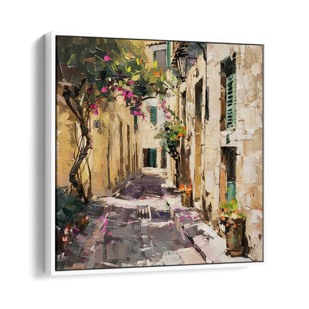 Experience the charm of ALLEYWAY MALLORCA, featuring vibrant flowers and elegant architecture in a serene passageway.