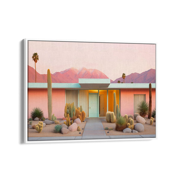 Captivating MID-CENTURY MOODS, BEACH PAINTINGS showcasing a pastel desert scene with modern architectural elements.