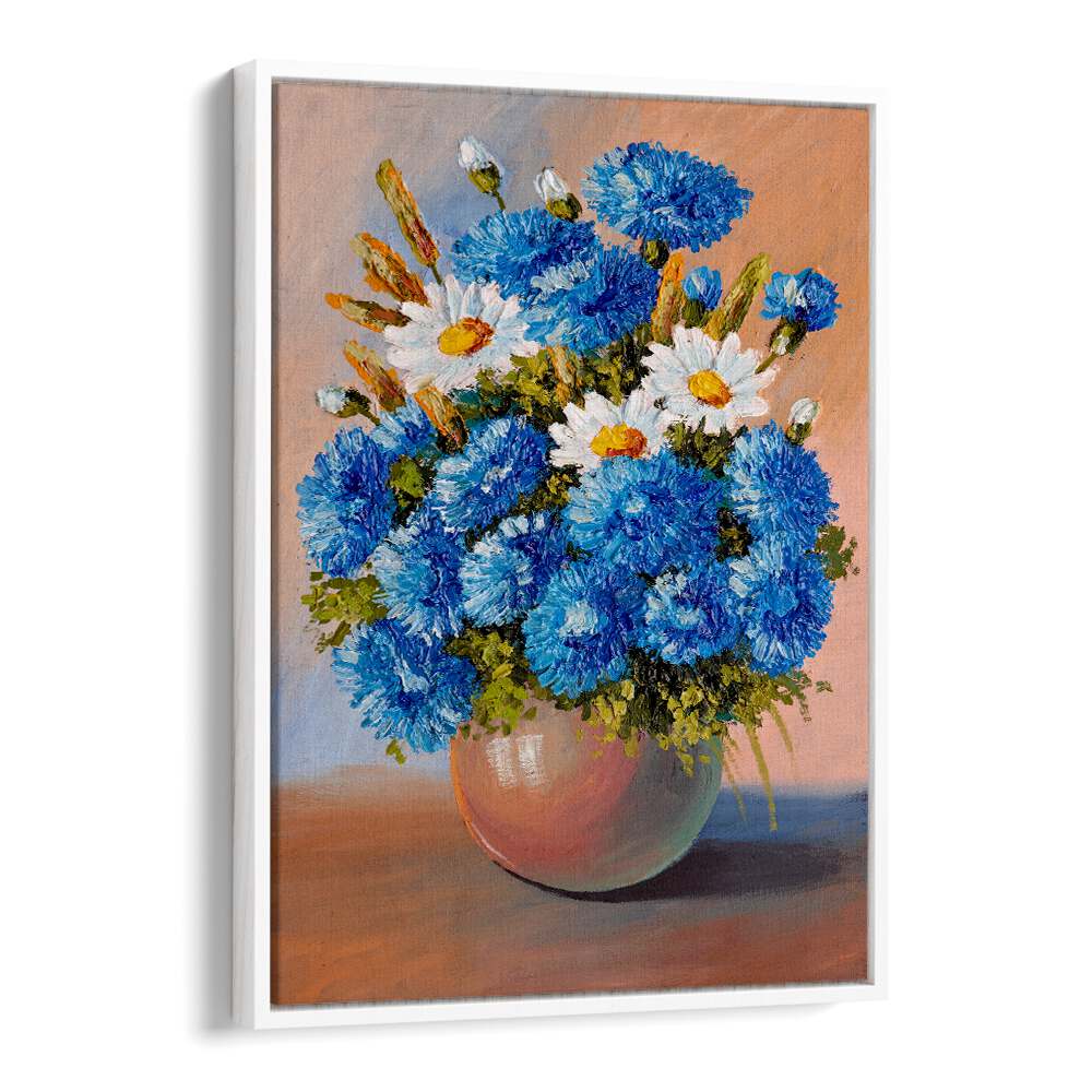 Blue and White Petals Vintage European Paintings in White Floater Frame