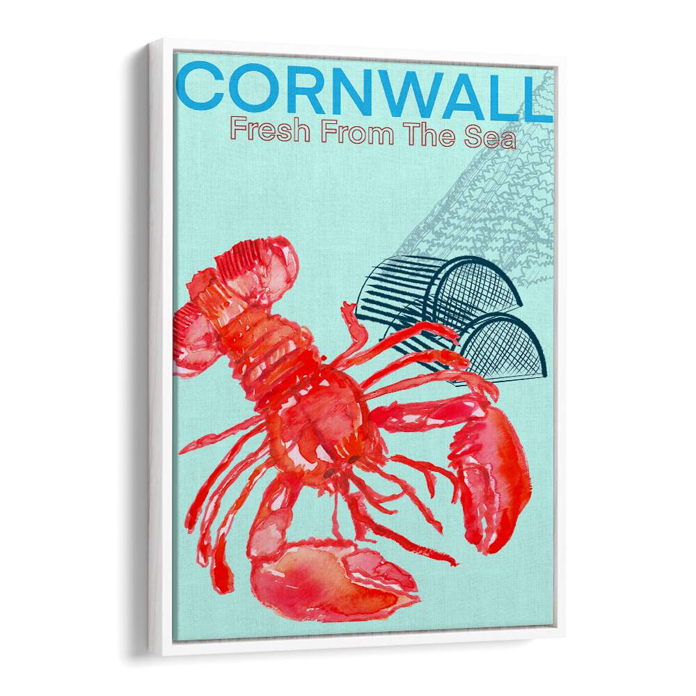 Vibrant Cornwall Sea Poster featuring a lobster, perfect for beach lovers seeking coastal art for their space.