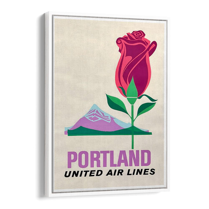 PORTLAND UNITED AIR LINES, VINTAGE TRAVEL POSTERS featuring a vibrant rose and mountain design, perfect for travel lovers.