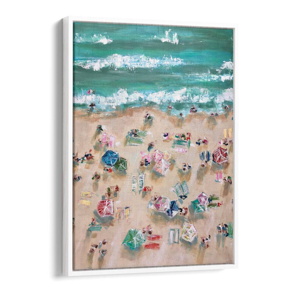Vibrant SUNBATHERS, BEACH PAINTINGS showcase colorful umbrellas and sunbathers enjoying a sunny coastal scene.
