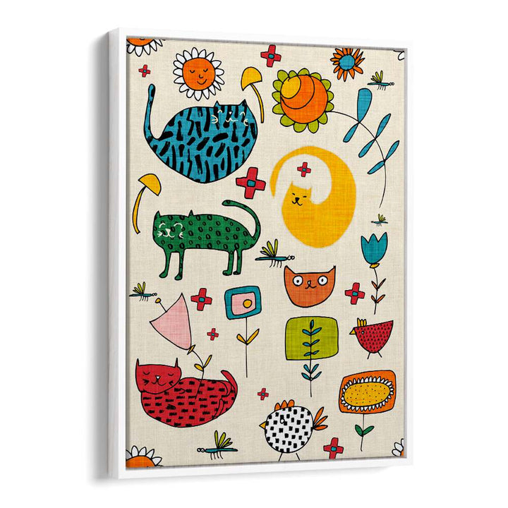 Vibrant SPRING CAT BIEGE, KIDS ROOM PAINTINGS featuring playful cats and flowers, perfect for a cheerful kids' space.