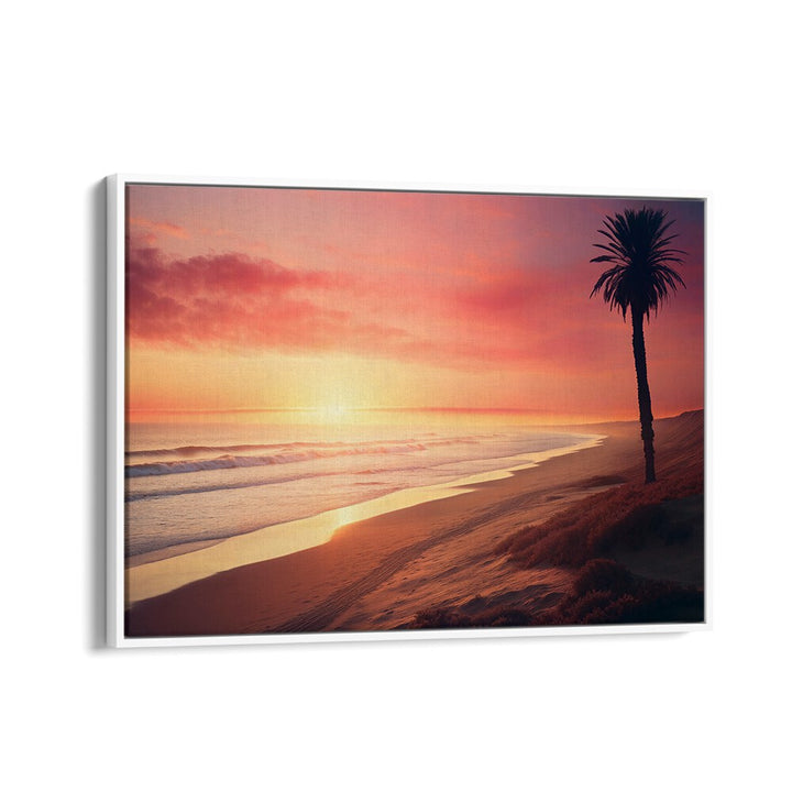 Vibrant LATE SUMMER DAY, BEACH PAINTINGS showcasing a tranquil sunset over the ocean and palm tree silhouette.