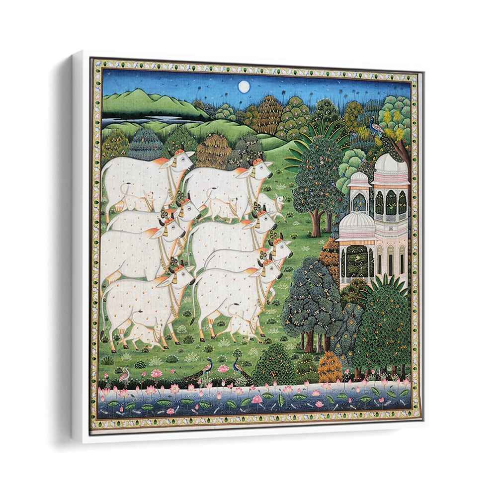 COW AND CALF PICHWAI, INDIAN ART PAINTINGS showcase a vibrant rural scene with exquisite hand-painted details.