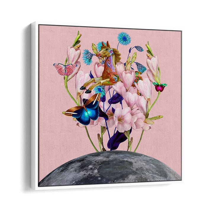 Surreal art prints featuring a flying horse over the moon, perfect for adding whimsy to your decor.