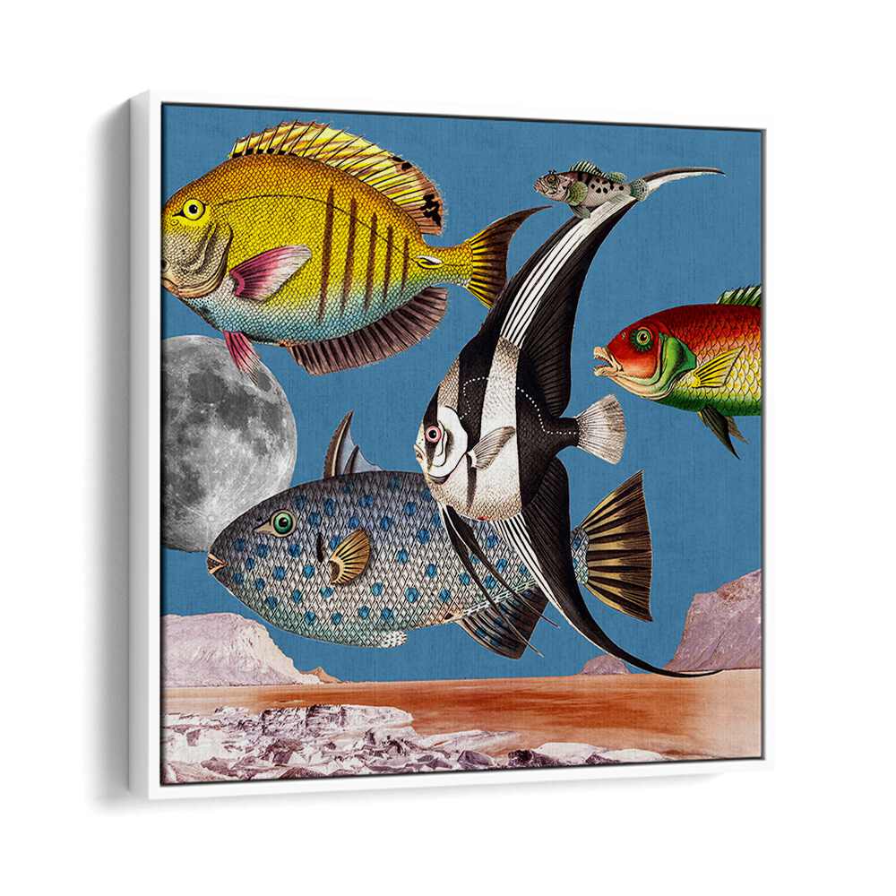 Vibrant FISH WORLD BLUE, BEACH PAINTINGS artwork showcasing colorful marine life for ocean lovers' decor.