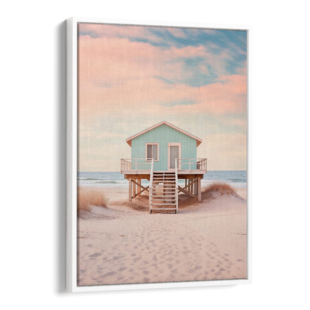 Serene PACIFIC SUNSET BEACH, BEACH PAINTINGS by Philippe Hugonnard, showcasing a tranquil beach house at sunset.