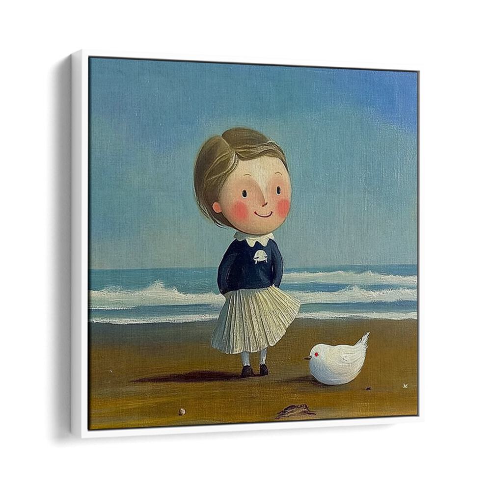 Whimsical artwork, LITTLE GIRL ON THE BEACH II, capturing a joyful scene with a girl and a bird by the sea.