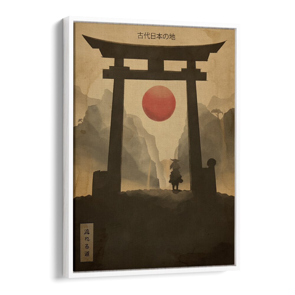 Elegant FLOWING PATH, JAPANESE PAINTINGS featuring a serene landscape with a torii gate and rising sun for tranquility.