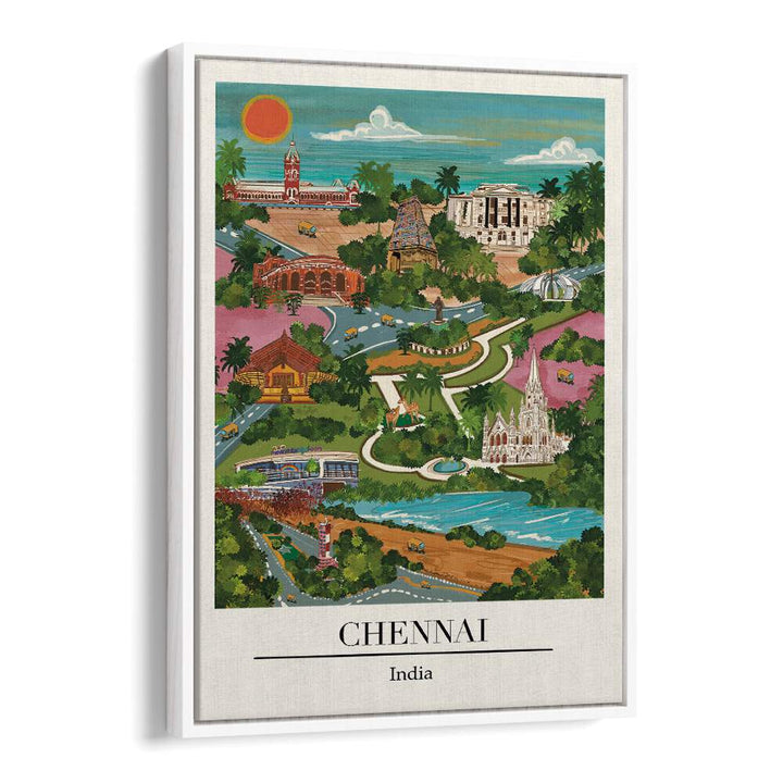 Chennai travel poster by Saumya Agarwal, showcasing vibrant coastal charm. Perfect for wall art. CHENAI, TRAVEL POSTERS.