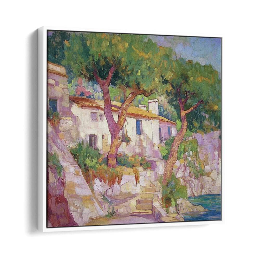 A vibrant painting of the HOUSE BY THE SEA, capturing the essence of tranquil coastal living and seaside charm.