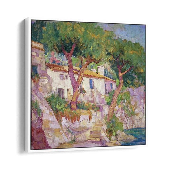 A vibrant painting of the HOUSE BY THE SEA, capturing the essence of tranquil coastal living and seaside charm.