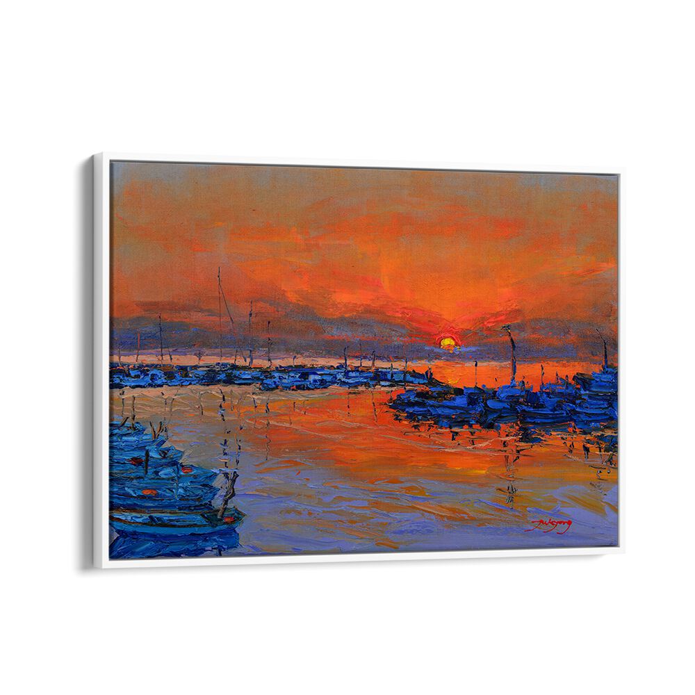 Vibrant SUNRISE, LANDSCAPE PAINTINGS showcasing a serene sunset over a tranquil harbor scene. Perfect for your decor.