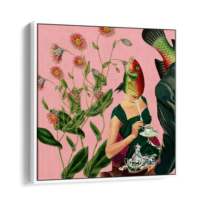 Surreal art print featuring vibrant colors and a fish-head figure, titled FISH SOULMATE PINK, SURREAL ART PRINTS.