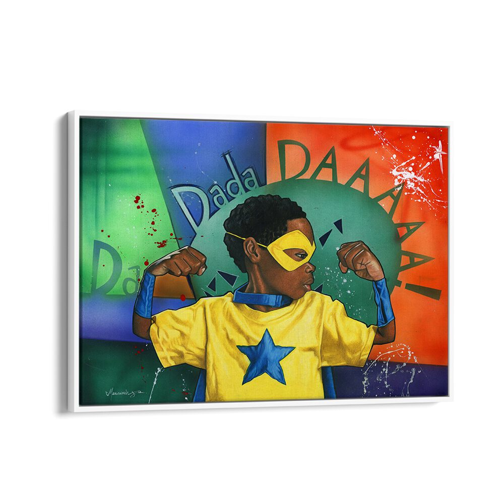 Colorful DADADDAAA, AFRICAN ART PAINTINGS showcase a boy in a superhero costume, embodying strength and creativity.