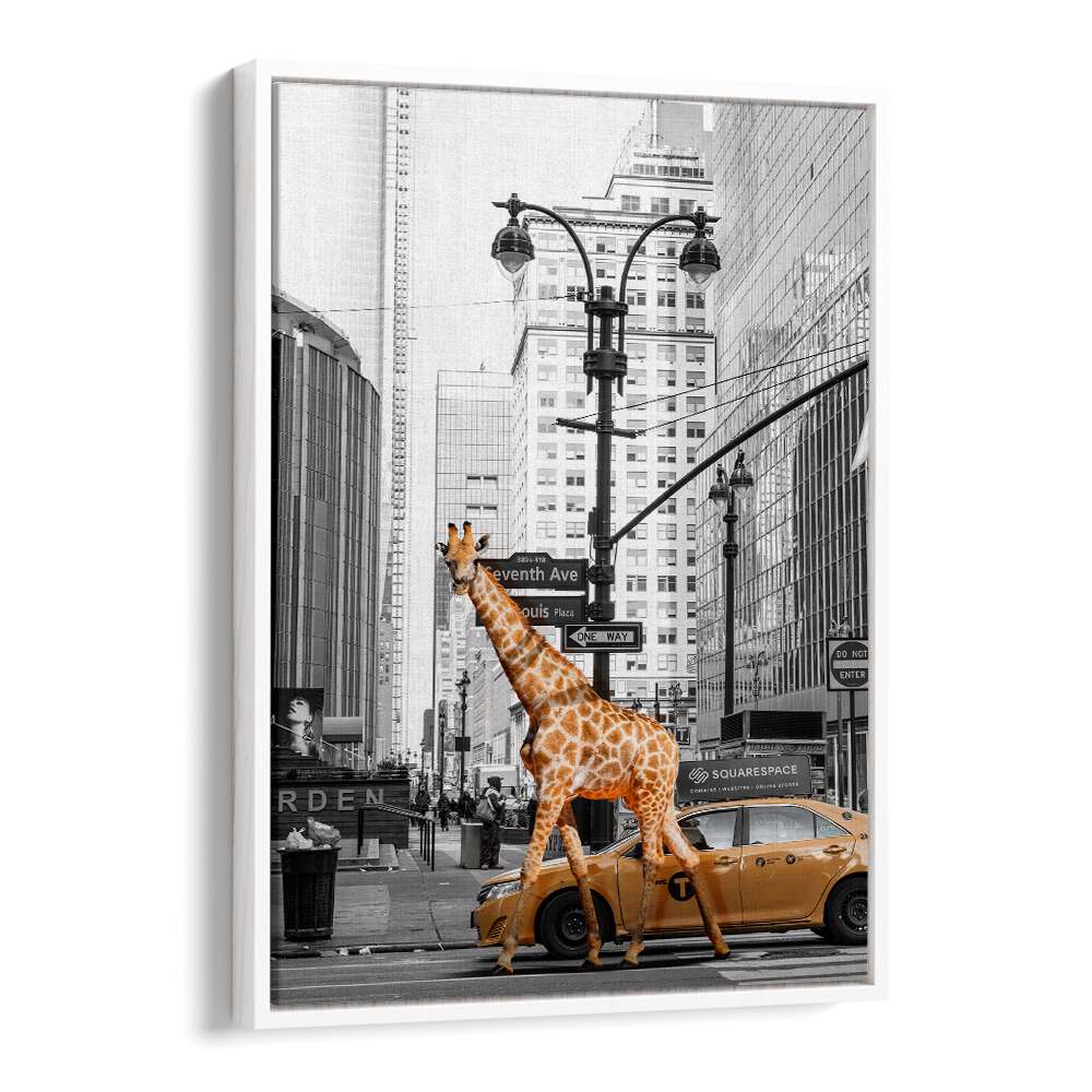 Giraffe crossing a busy city street in a unique style, showcasing MORNING WALK, ANIMAL PAINTINGS for modern decor.